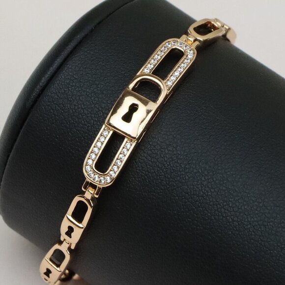 Elegant Rose Gold Lock Link Bracelet with Cubic Zirconia, XPBL0640 - Picture 1 of 12